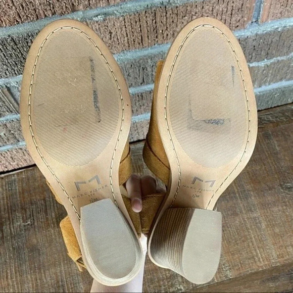 NEW, Marc Fisher, Vega, Suede Peep Toe Sandal, Stacked Block Heel, Tan, Brown - Picture 9 of 13
